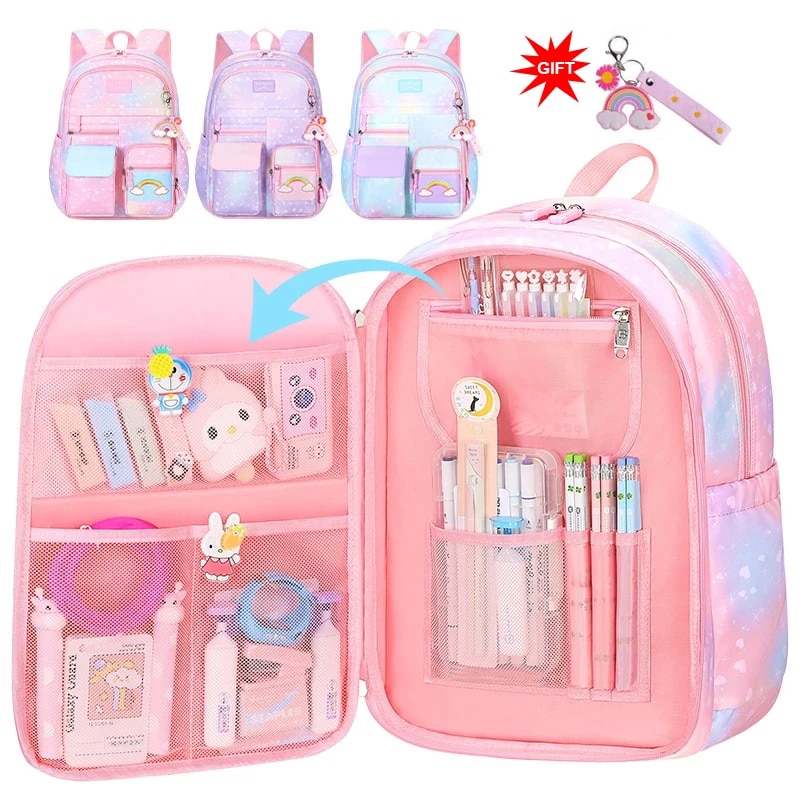 Cute Girls School Bags in pink with cartoon design, waterproof nylon, primary school backpack