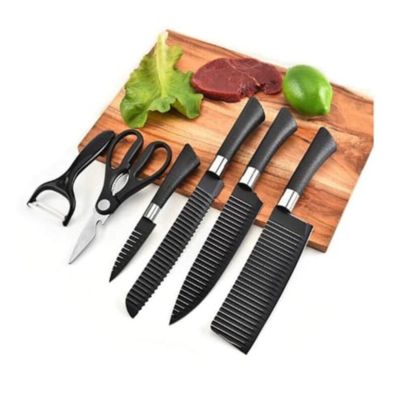 Embossed Non-stick Coating Knives Set - 6 Pcs: Includes 4 knives, scissors, and ceramic peeler.